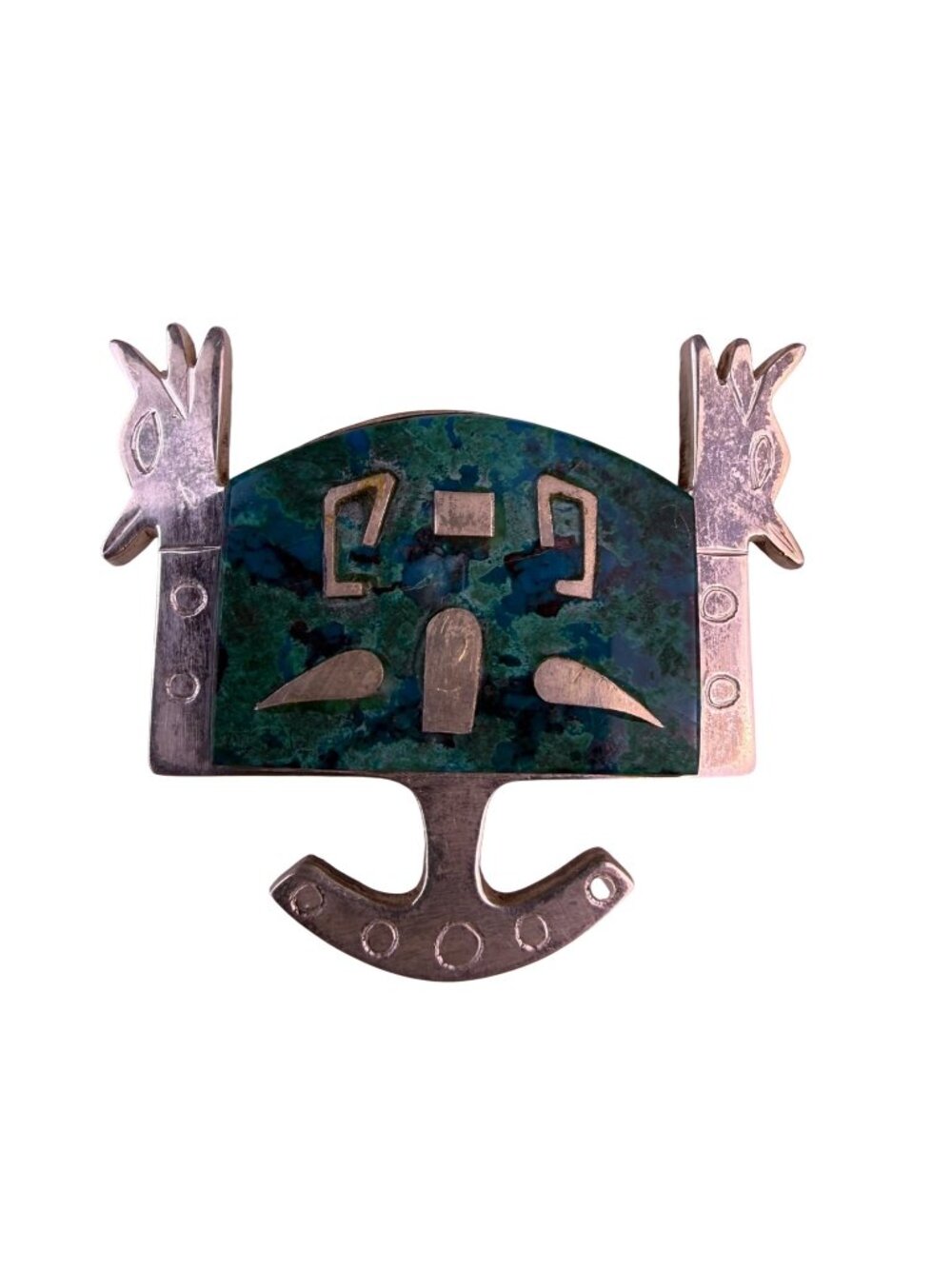 Industrial Peruvian Sterling Silver Brooch With Azurite Inlay 925 Stamped